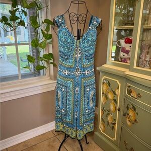 London Times Blue and Green Midi Dress
